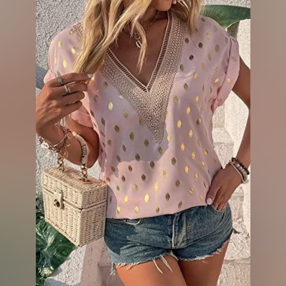 Guipure Lace, Gold Metallic Print, Soft Pink Blouse - Picture 4 of 13